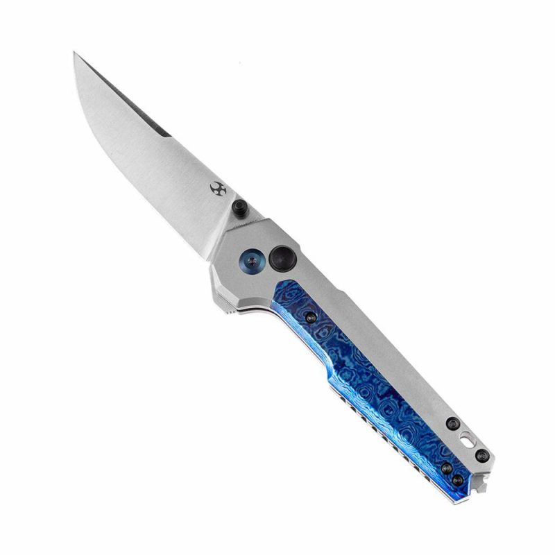 EDC Tac Thumb Studs/Button Lock Knife Timascus+ Titanium Inlay Handle (3.1” CPM-S35VN Blade)Mikkel Willumsen Design-K2009A8 Gray/Blue | Folding Pocket Knives