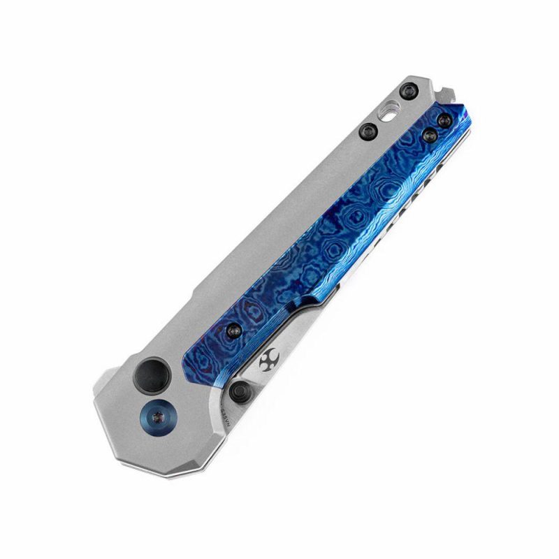 EDC Tac Thumb Studs/Button Lock Knife Timascus+ Titanium Inlay Handle (3.1” CPM-S35VN Blade)Mikkel Willumsen Design-K2009A8 Gray/Blue | Folding Pocket Knives