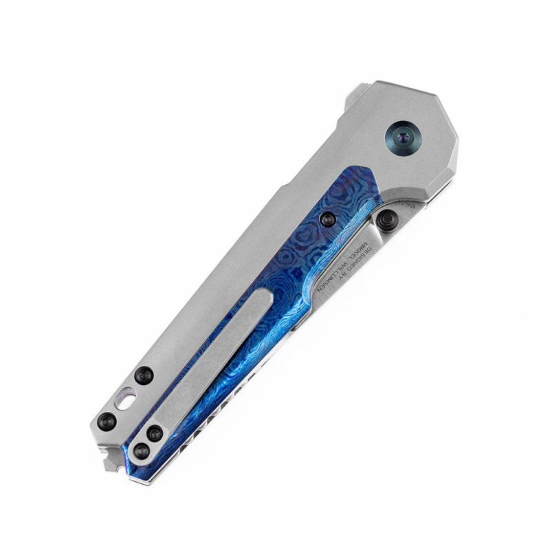 EDC Tac Thumb Studs/Button Lock Knife Timascus+ Titanium Inlay Handle (3.1” CPM-S35VN Blade)Mikkel Willumsen Design-K2009A8 Gray/Blue | Folding Pocket Knives