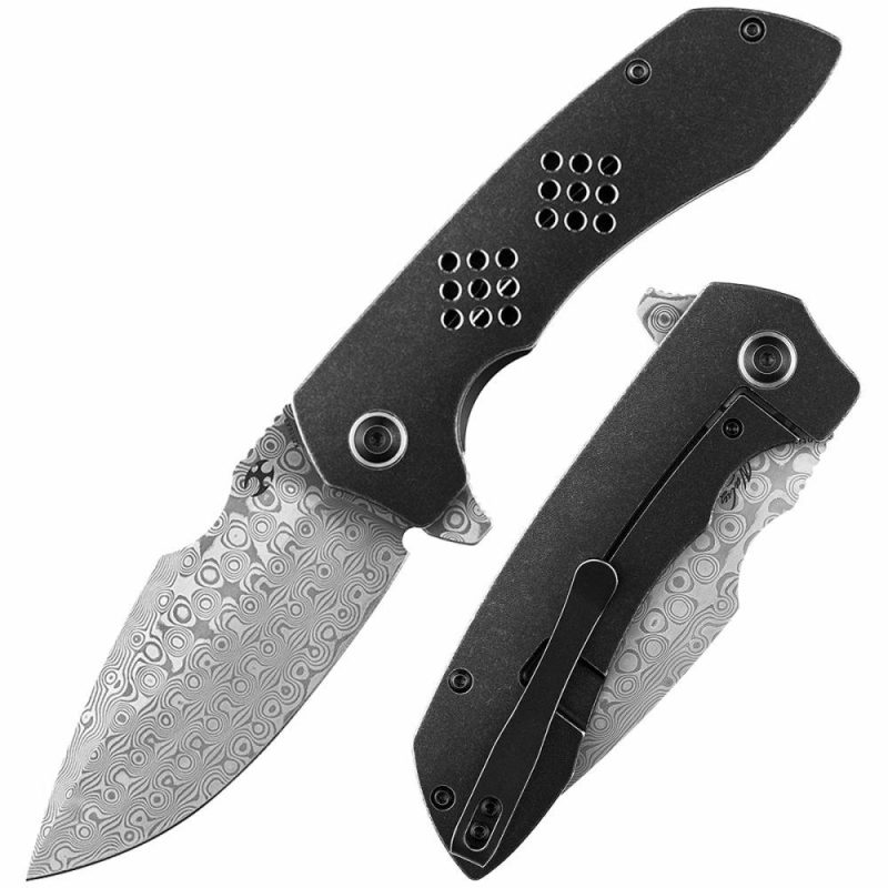 Entity K1036A3 Damascus Blade Black TiCn Coated and Stonewashed Titanium Handle with Nalu Knives design | Folding Pocket Knives