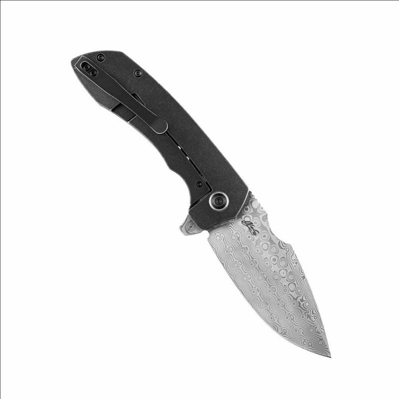 Entity K1036A3 Damascus Blade Black TiCn Coated and Stonewashed Titanium Handle with Nalu Knives design | Folding Pocket Knives