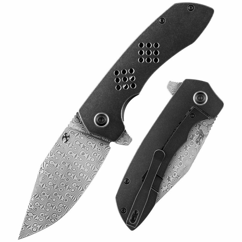 Entity K1036B3 Dmascus Blade Black TiCn Coated and Stonewashed Titanium Handle with Nalu Knives design | Folding Pocket Knives