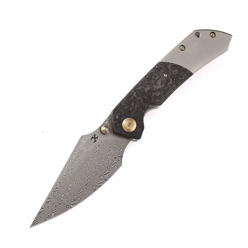 Fenrir Flipper Knife Beadblasted Titanium+ Shred Carbon Fiber Handle (3.48” Damascus Blade) Greg Schob Design -K1034B1 | Folding Pocket Knives