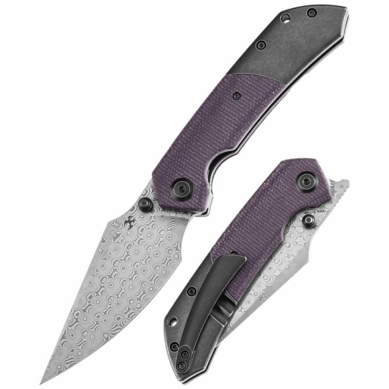 Fenrir Flipper Knife Blackwash Titanium and Purple Micarta Handle (3.48”Damascus Blade) Greg Schob Design -K1034Z2 | Folding Pocket Knives