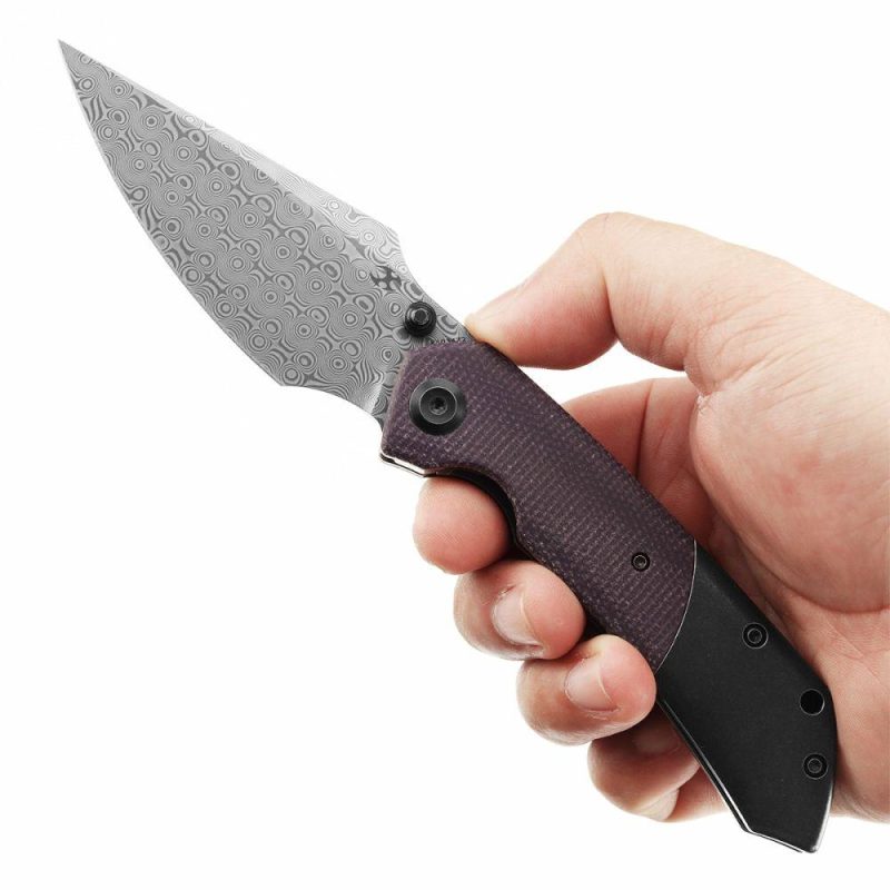 Fenrir Flipper Knife Blackwash Titanium and Purple Micarta Handle (3.48”Damascus Blade) Greg Schob Design -K1034Z2 | Folding Pocket Knives