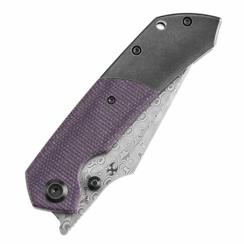 Fenrir Flipper Knife Blackwash Titanium and Purple Micarta Handle (3.48”Damascus Blade) Greg Schob Design -K1034Z2 | Folding Pocket Knives