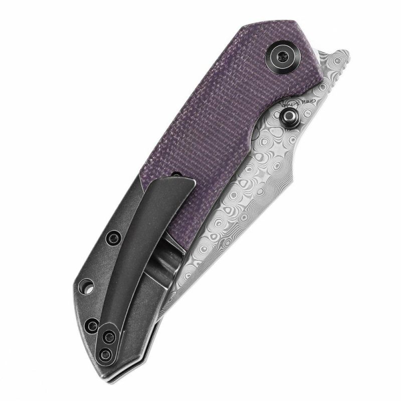 Fenrir Flipper Knife Blackwash Titanium and Purple Micarta Handle (3.48”Damascus Blade) Greg Schob Design -K1034Z2 | Folding Pocket Knives