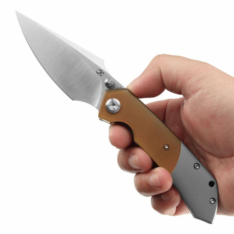 Fenrir Flipper Knife Plain Titanium + Amber PEI/Ultem Handle (3.48”CPM S35VN Blade) Greg Schob Design -K1034P1 | Folding Pocket Knives