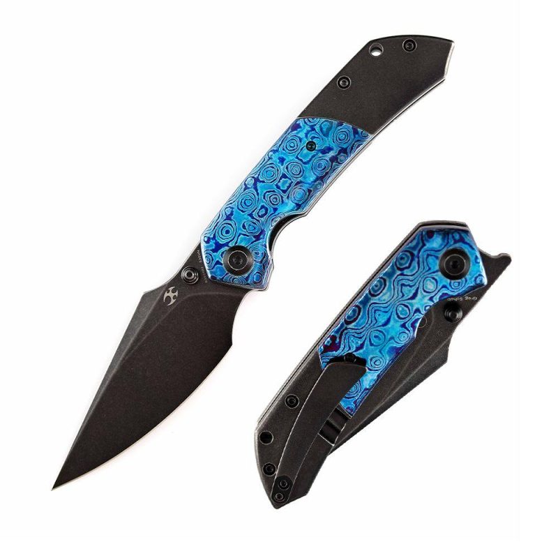 Fenrir Flipper Knife Timascus + Stonewashed Titanium Handle (3.48”CPM-S35VN Blade) Greg Schob Design -K1034B2 | Folding Pocket Knives