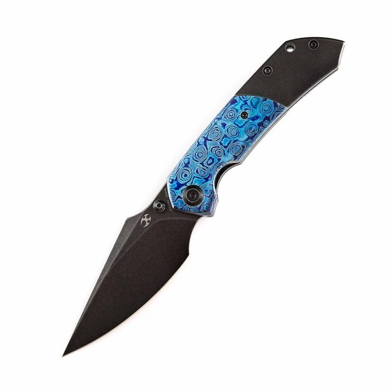 Fenrir Flipper Knife Timascus + Stonewashed Titanium Handle (3.48”CPM-S35VN Blade) Greg Schob Design -K1034B2 | Folding Pocket Knives