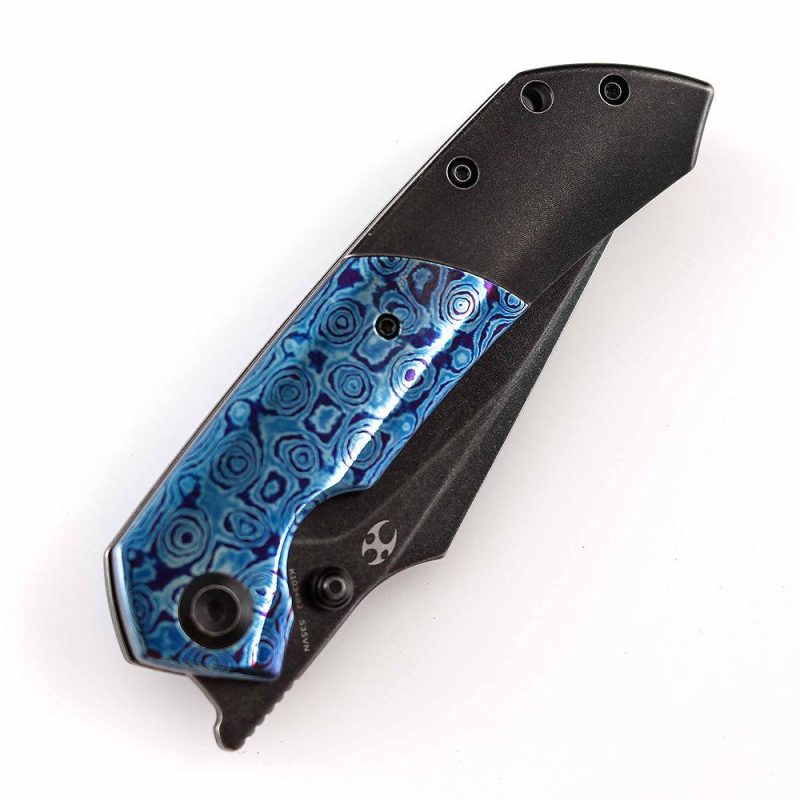 Fenrir Flipper Knife Timascus + Stonewashed Titanium Handle (3.48”CPM-S35VN Blade) Greg Schob Design -K1034B2 | Folding Pocket Knives