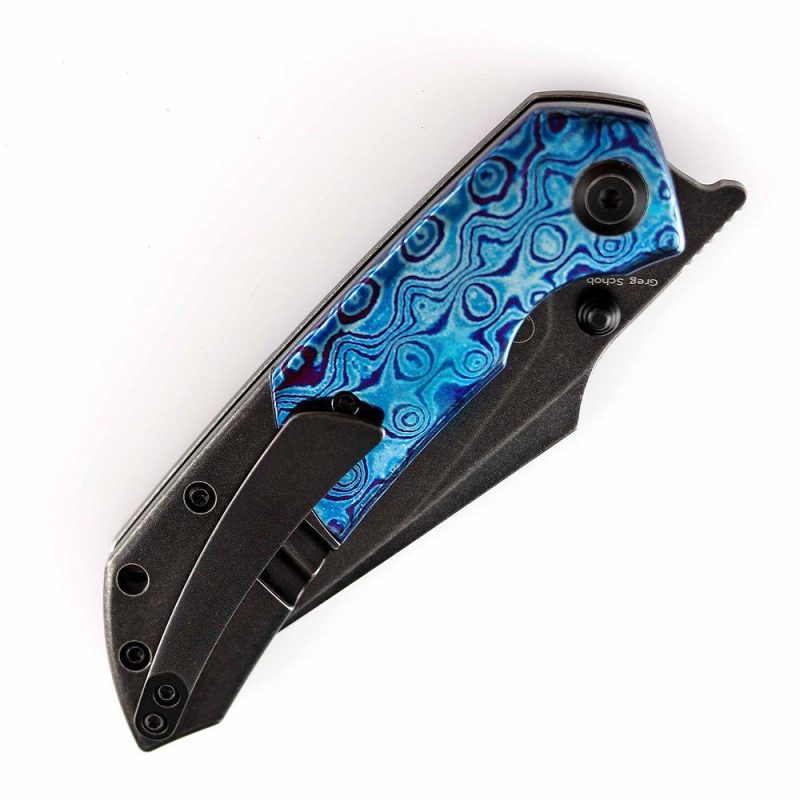 Fenrir Flipper Knife Timascus + Stonewashed Titanium Handle (3.48”CPM-S35VN Blade) Greg Schob Design -K1034B2 | Folding Pocket Knives