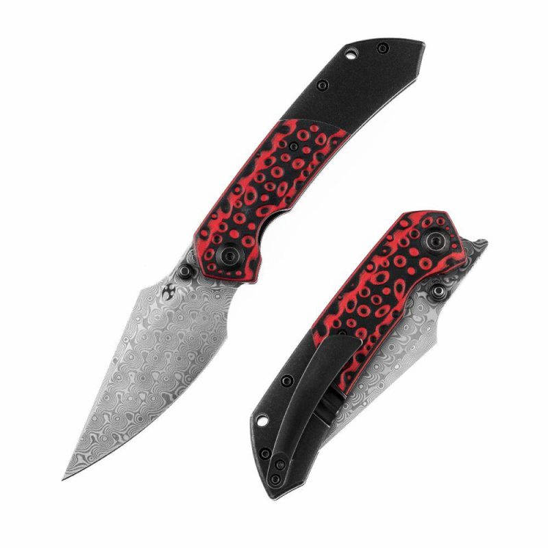 Fenrir Flipper/Thumb Hole Knife Black and Red G10 +Titanium Handle (3.48” Dmascus Blade) Greg Schob Design-K1034A2 | Folding Pocket Knives