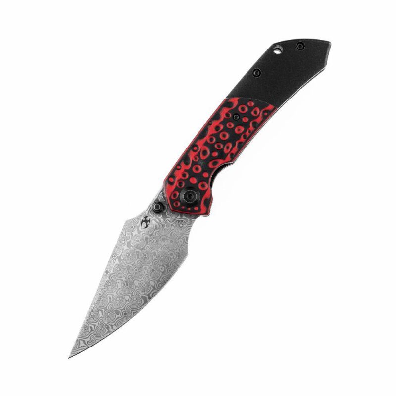 Fenrir Flipper/Thumb Hole Knife Black and Red G10 +Titanium Handle (3.48” Dmascus Blade) Greg Schob Design-K1034A2 | Folding Pocket Knives