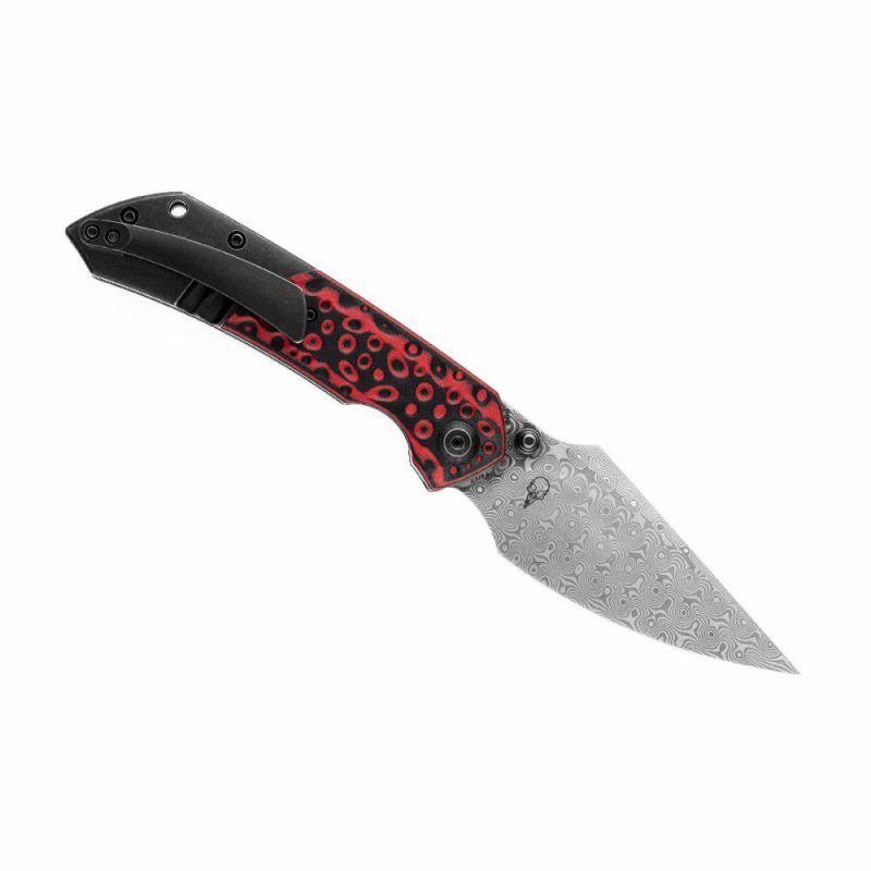 Fenrir Flipper/Thumb Hole Knife Black and Red G10 +Titanium Handle (3.48” Dmascus Blade) Greg Schob Design-K1034A2 | Folding Pocket Knives