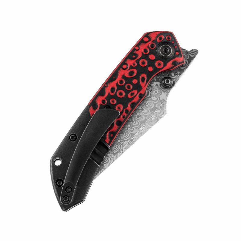 Fenrir Flipper/Thumb Hole Knife Black and Red G10 +Titanium Handle (3.48” Dmascus Blade) Greg Schob Design-K1034A2 | Folding Pocket Knives