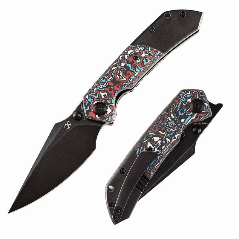 Fenrir Flipper/Thumb Hole Knife Red Black White Carbon Fiber +Titanium Handle (3.48” CPM-S35VN Blade) Greg Schob Design-K1034A10 | Folding Pocket Knives