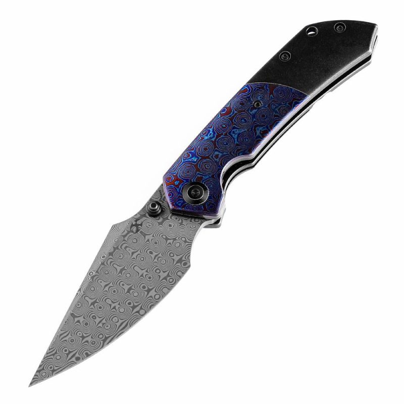 Fenrir Flipper/Thumb Stub Knife Titanium + Timascus Handle (3.48” Damascus Blade) Greg Schob Design-K1034A8 | Folding Pocket Knives