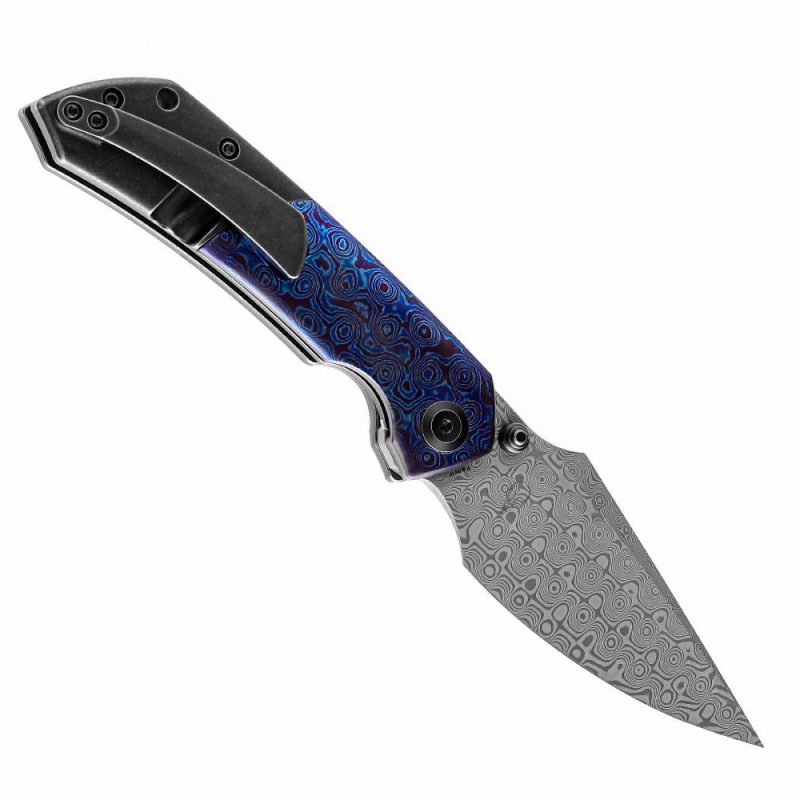 Fenrir Flipper/Thumb Stub Knife Titanium + Timascus Handle (3.48” Damascus Blade) Greg Schob Design-K1034A8 | Folding Pocket Knives