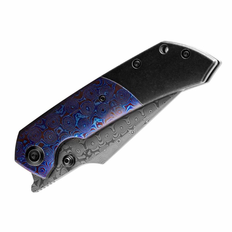 Fenrir Flipper/Thumb Stub Knife Titanium + Timascus Handle (3.48” Damascus Blade) Greg Schob Design-K1034A8 | Folding Pocket Knives