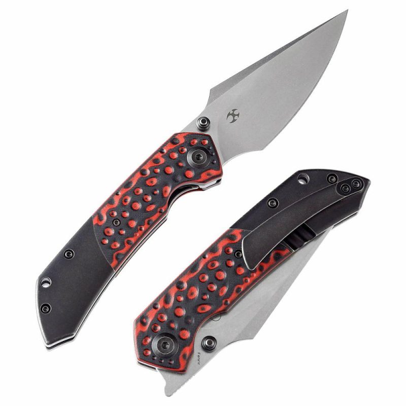 Fenrir –Left Handed Flipper Knife Black and Red G10+ Titanium Handle (3.48” CPM-S35VN Blade) Greg Schob Design -K1034L2 | Folding Pocket Knives