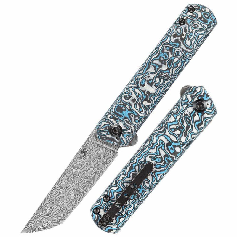 Foosa Slip Joint/Flipper Knife Blue White Carbon Fiber Handle (3.06"Damascus Blade) Rolf Helbig Design-K2020T2 Blue/White | Folding Pocket Knives