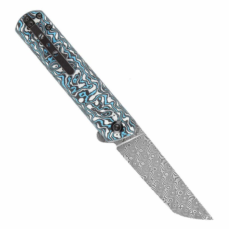 Foosa Slip Joint/Flipper Knife Blue White Carbon Fiber Handle (3.06"Damascus Blade) Rolf Helbig Design-K2020T2 Blue/White | Folding Pocket Knives