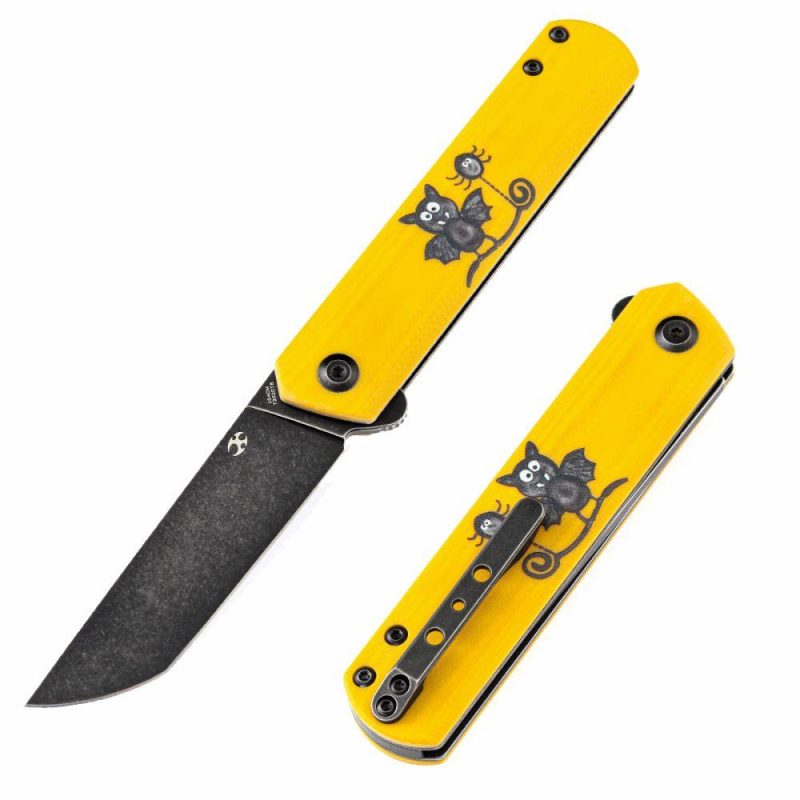 Foosa T2020T8 154CM Blade Non Locking Folding Knife Yellow G10 Handle with Bat Print Limited Edition Yellow | Folding Pocket Knives