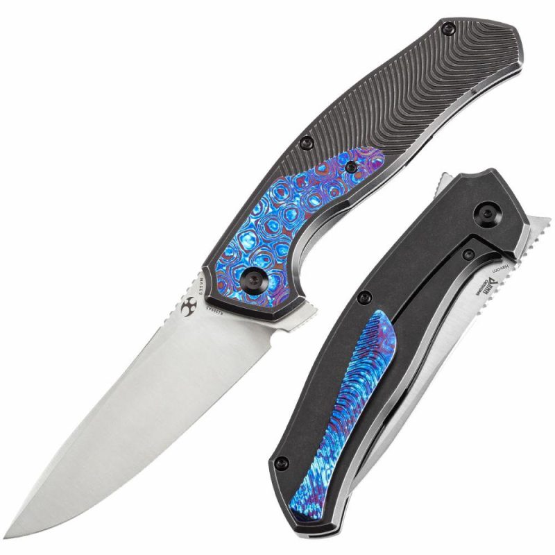 HAVØRN Flipper Blackwash Titanium with Timascus Inlay Handle with Timascus Clip (3.48”CPM S35VN Blade )Djinn Design -K1069A5 Black Purple | Folding Pocket Knives