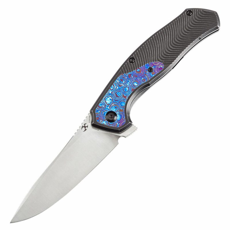 HAVØRN Flipper Blackwash Titanium with Timascus Inlay Handle with Timascus Clip (3.48”CPM S35VN Blade )Djinn Design -K1069A5 Black Purple | Folding Pocket Knives