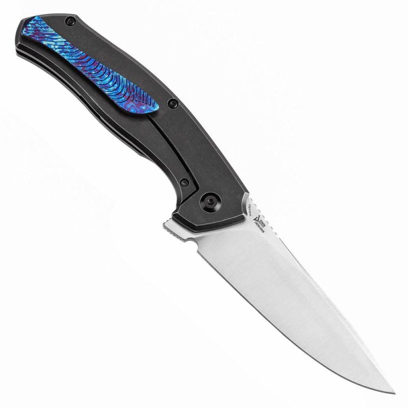 HAVØRN Flipper Blackwash Titanium with Timascus Inlay Handle with Timascus Clip (3.48”CPM S35VN Blade )Djinn Design -K1069A5 Black Purple | Folding Pocket Knives