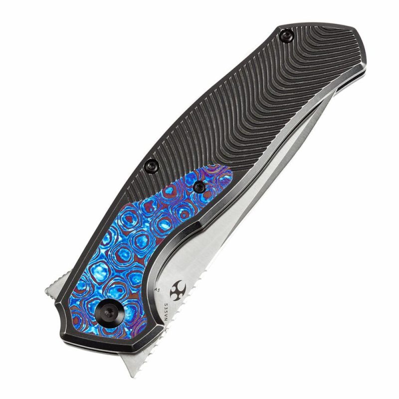 HAVØRN Flipper Blackwash Titanium with Timascus Inlay Handle with Timascus Clip (3.48”CPM S35VN Blade )Djinn Design -K1069A5 Black Purple | Folding Pocket Knives