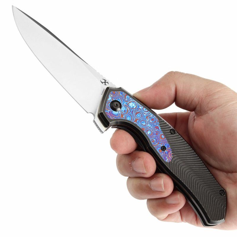 HAVØRN Flipper Blackwash Titanium with Timascus Inlay Handle with Timascus Clip (3.48”CPM S35VN Blade )Djinn Design -K1069A5 Black Purple | Folding Pocket Knives