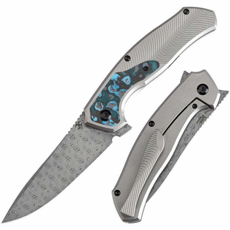 HAVØRN Flipper Titanium with Arctic Storm Fat Carbon Handle (3.48”Damascus Blade )Djinn Design -K1069A3 Black And White | Folding Pocket Knives