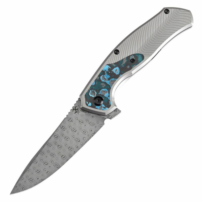 HAVØRN Flipper Titanium with Arctic Storm Fat Carbon Handle (3.48”Damascus Blade )Djinn Design -K1069A3 Black And White | Folding Pocket Knives