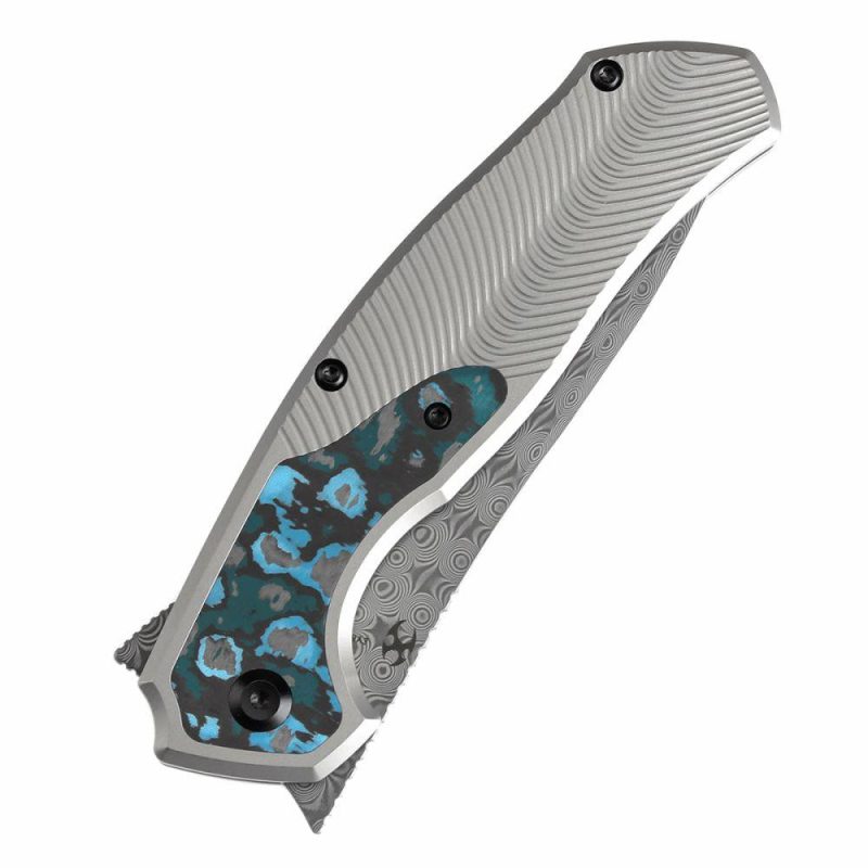 HAVØRN Flipper Titanium with Arctic Storm Fat Carbon Handle (3.48”Damascus Blade )Djinn Design -K1069A3 Black And White | Folding Pocket Knives