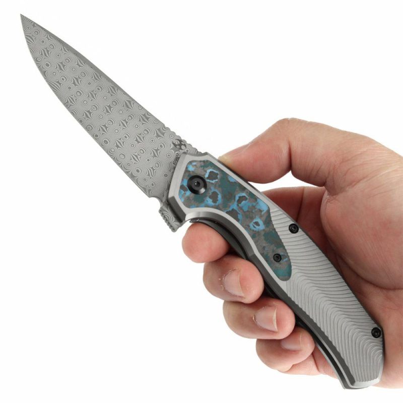 HAVØRN Flipper Titanium with Arctic Storm Fat Carbon Handle (3.48”Damascus Blade )Djinn Design -K1069A3 Black And White | Folding Pocket Knives