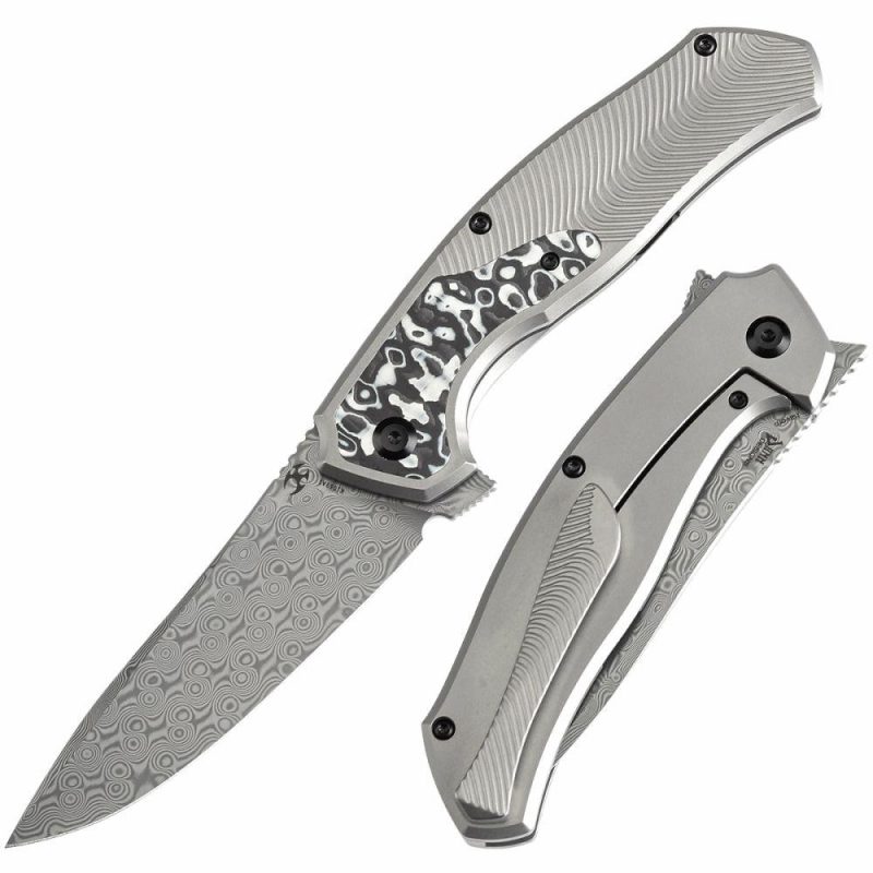 HAVØRN Flipper Titanium with Black and White Carbon Fiber Inlay Handle (3.48”Damascus Blade )Djinn Design -K1069A1 Black And White | Folding Pocket Knives