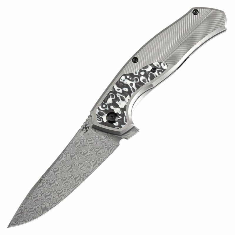 HAVØRN Flipper Titanium with Black and White Carbon Fiber Inlay Handle (3.48”Damascus Blade )Djinn Design -K1069A1 Black And White | Folding Pocket Knives