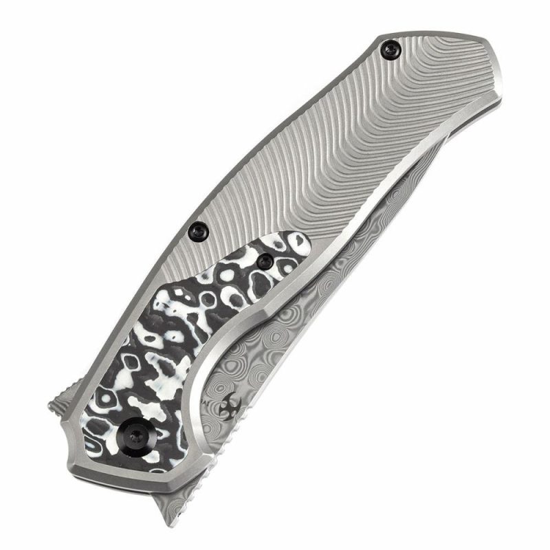 HAVØRN Flipper Titanium with Black and White Carbon Fiber Inlay Handle (3.48”Damascus Blade )Djinn Design -K1069A1 Black And White | Folding Pocket Knives