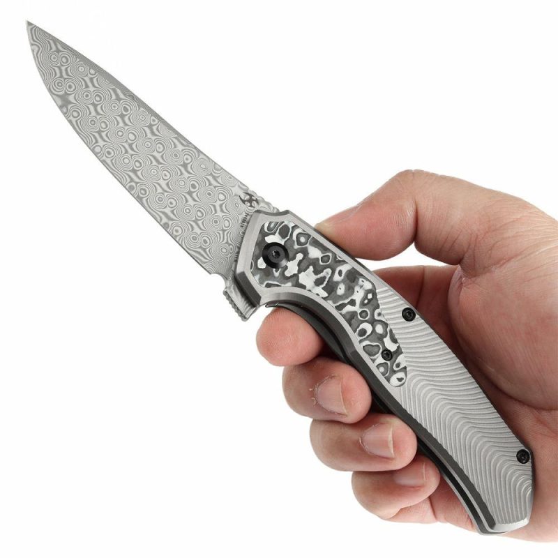 HAVØRN Flipper Titanium with Black and White Carbon Fiber Inlay Handle (3.48”Damascus Blade )Djinn Design -K1069A1 Black And White | Folding Pocket Knives