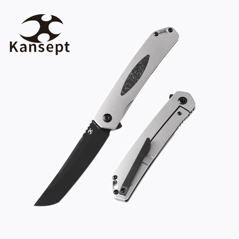 Hazakura K1019A1 S35VN Blade Titanium Handle with Shred Carbon Fiber Insert Slim Flipper Gray/Black | Folding Pocket Knives