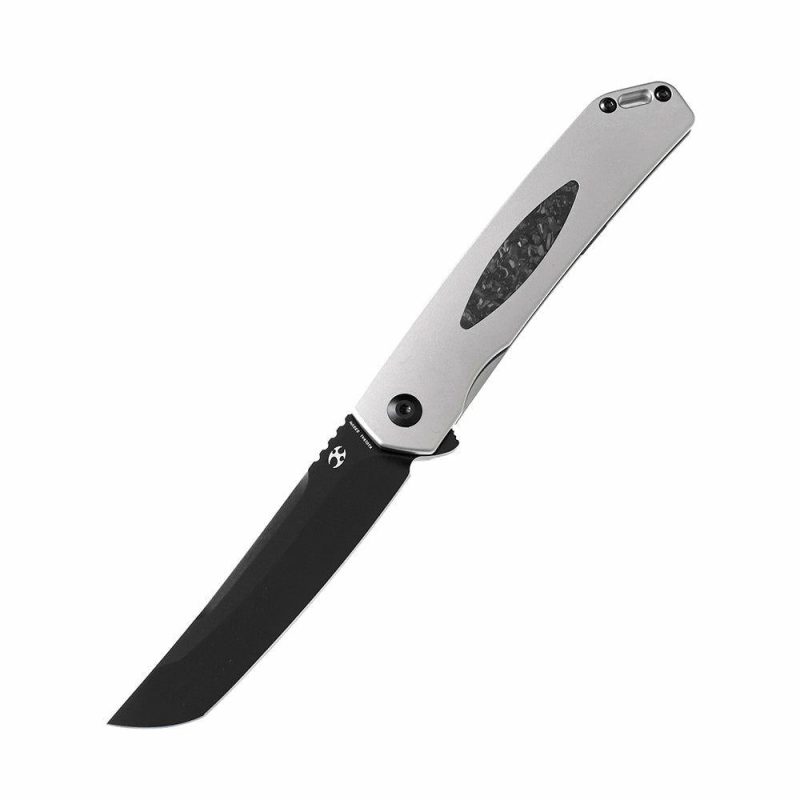 Hazakura K1019A1 S35VN Blade Titanium Handle with Shred Carbon Fiber Insert Slim Flipper Gray/Black | Folding Pocket Knives