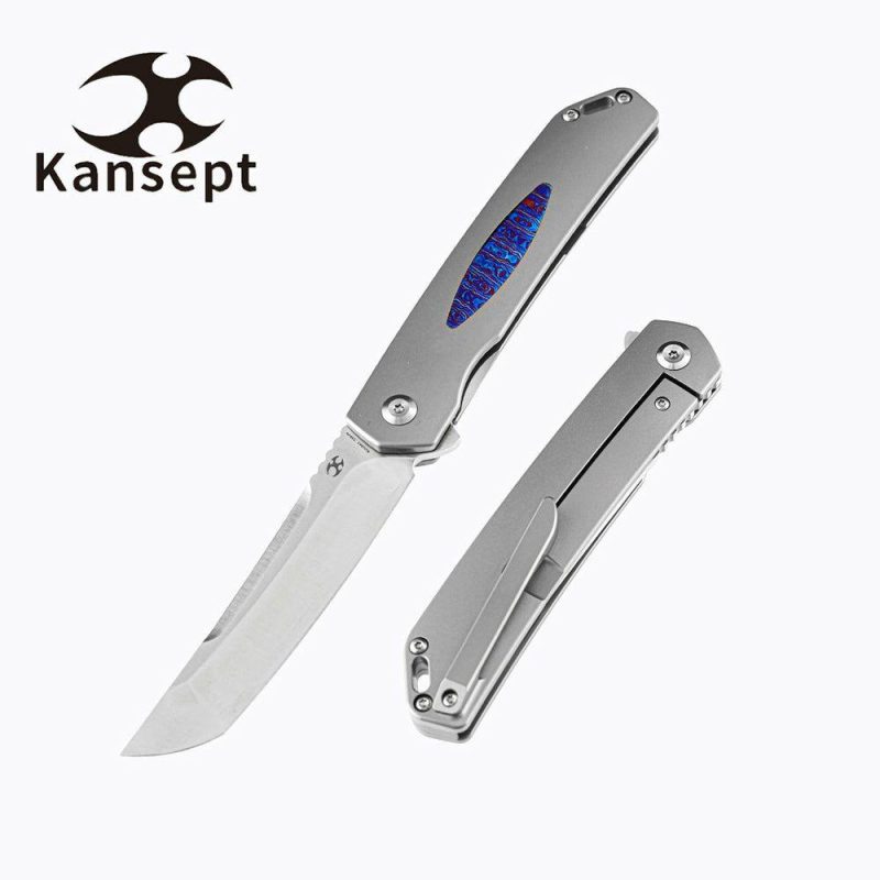 Hazakura K1019A2 S35VN Blade Titanium Handle with Timascus Insert Slim Flipper Gray/Timascus | Folding Pocket Knives