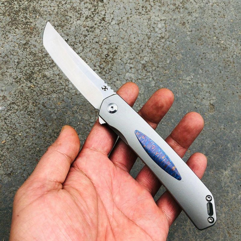 Hazakura K1019A2 S35VN Blade Titanium Handle with Timascus Insert Slim Flipper Gray/Timascus | Folding Pocket Knives