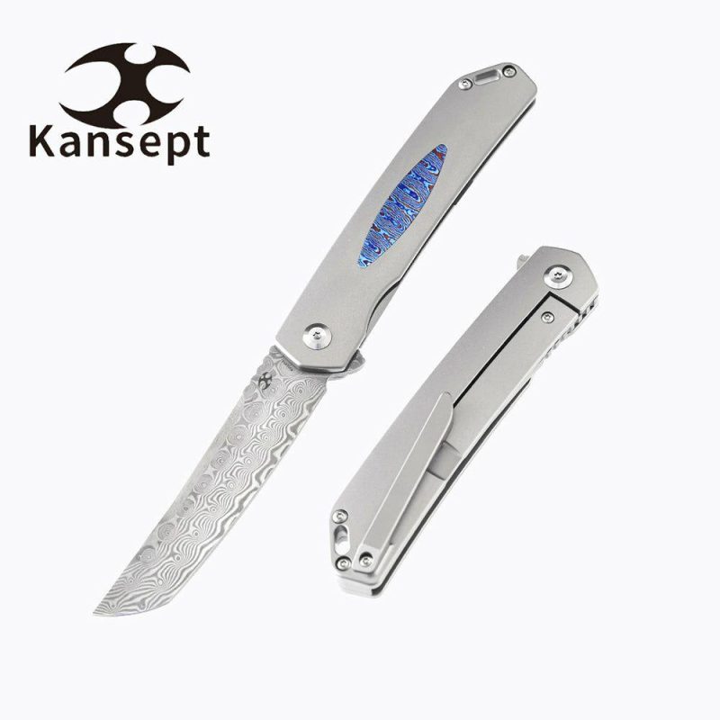 Hazakura K1019D1 Damascus Blade Titanium Handle with Timascus Insert Slim Flipper Gray/Timascus | Folding Pocket Knives