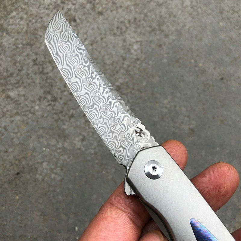 Hazakura K1019D1 Damascus Blade Titanium Handle with Timascus Insert Slim Flipper Gray/Timascus | Folding Pocket Knives