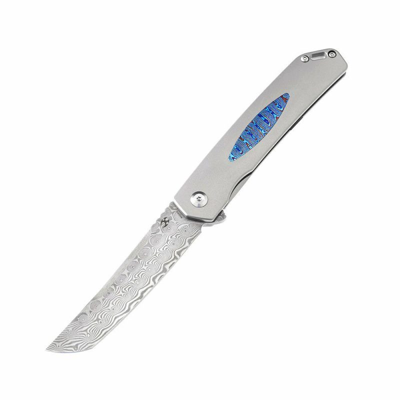 Hazakura K1019D1 Damascus Blade Titanium Handle with Timascus Insert Slim Flipper Gray/Timascus | Folding Pocket Knives