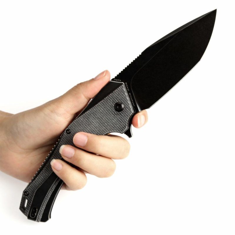 Hellx Button Lock Black Micarta Handle (3.6”D2 Blade ) Mikkel Willumsen Design – T1008F4 Black | Folding Pocket Knives