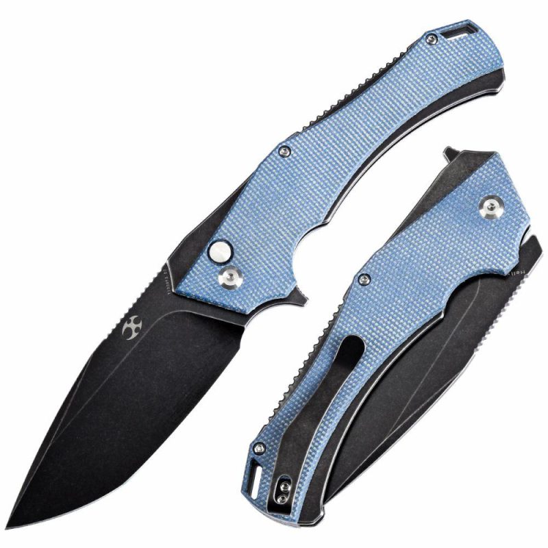 Hellx Button Lock Blue Micarta Handle (3.6”D2 Blade )Mikkel Willumsen Design -T1008F3 Blue | Folding Pocket Knives